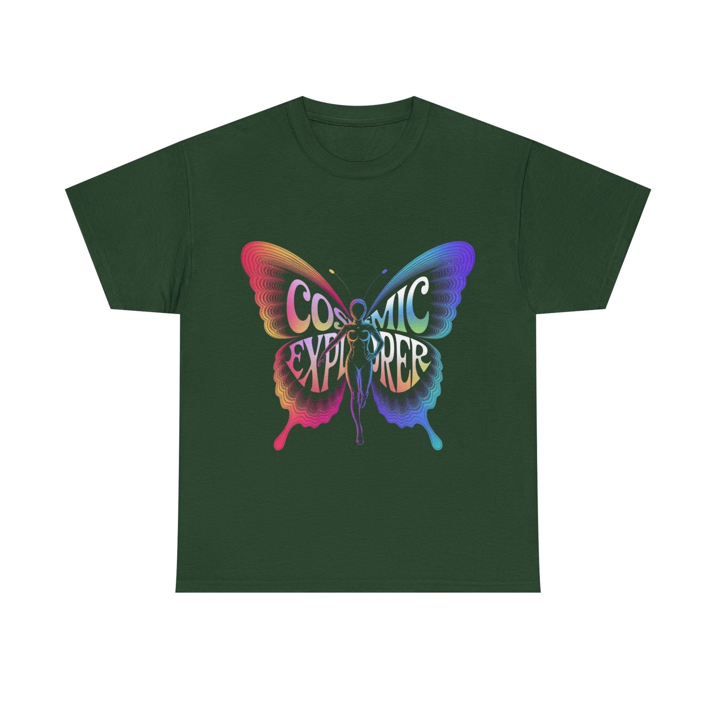 Cosmic Butterfly Tee, Unisex Heavy Cotton T-Shirt, Artistic Graphic Tee, Bohemian Style Shirt, Gift for Nature Lovers, Festival Wear
