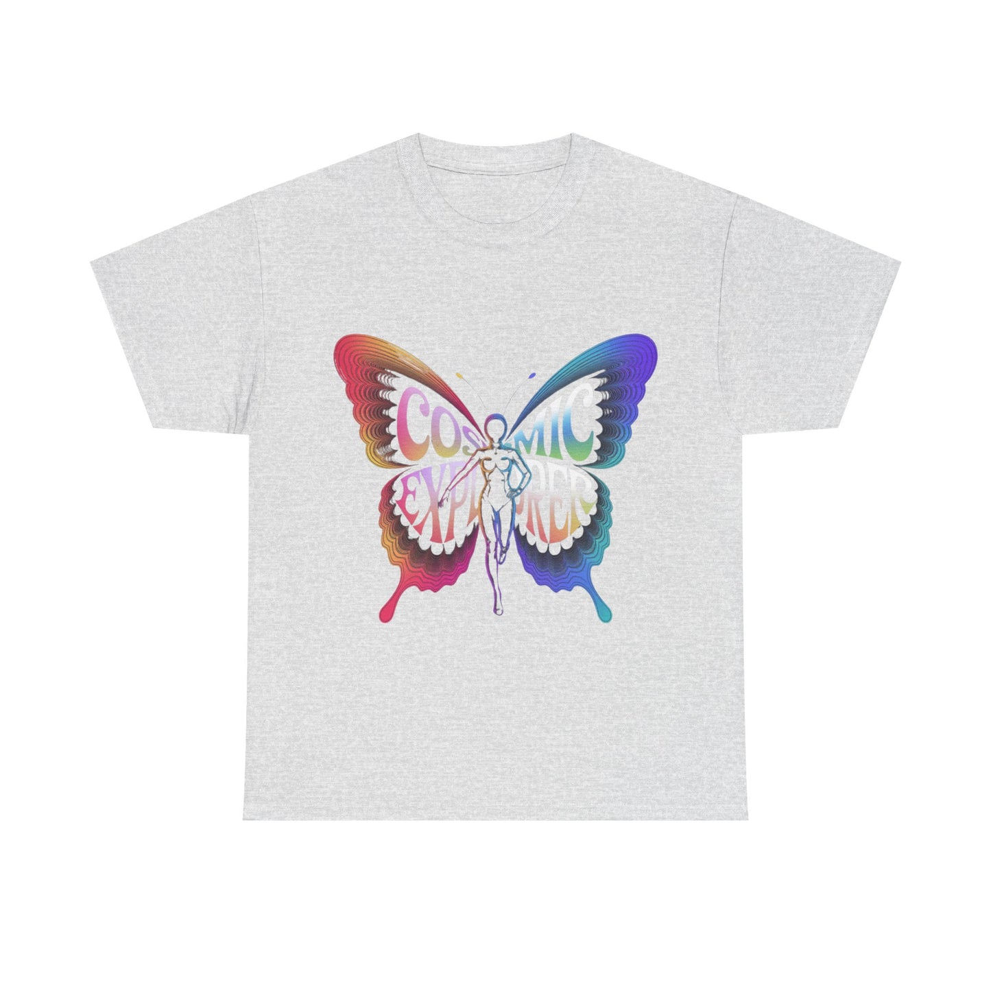 Cosmic Butterfly Tee, Unisex Heavy Cotton T-Shirt, Artistic Graphic Tee, Bohemian Style Shirt, Gift for Nature Lovers, Festival Wear