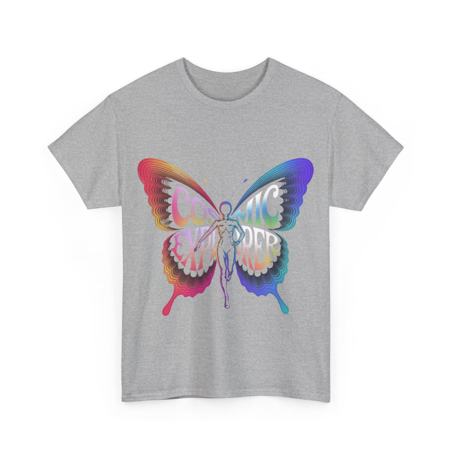 Cosmic Butterfly Tee, Unisex Heavy Cotton T-Shirt, Artistic Graphic Tee, Bohemian Style Shirt, Gift for Nature Lovers, Festival Wear
