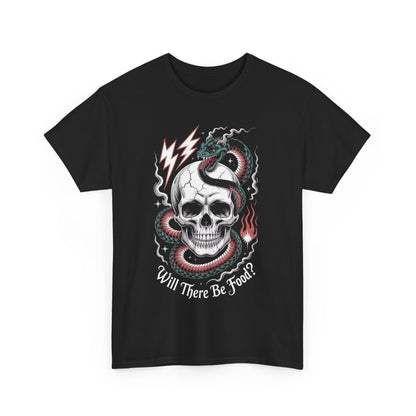 Skull Graphic Tee - "Will There Be Food?" - Unisex Casual Cotton Shirt for Halloween, Parties, Gifting, Everyday Wear, Funny Shirt