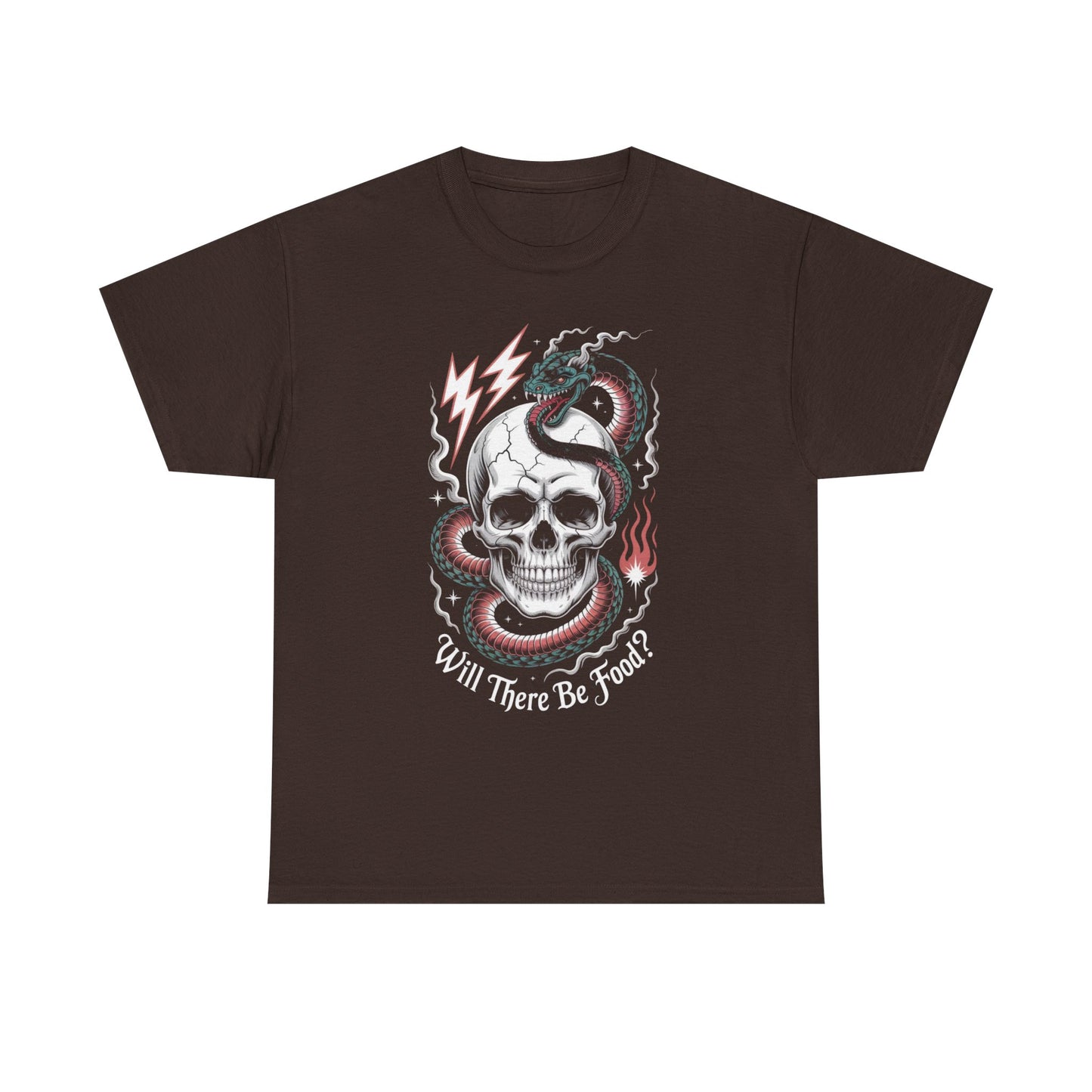 Skull Graphic Tee - "Will There Be Food?" - Unisex Casual Cotton Shirt for Halloween, Parties, Gifting, Everyday Wear, Funny Shirt