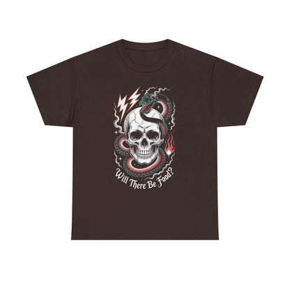Skull Graphic Tee - "Will There Be Food?" - Unisex Casual Cotton Shirt for Halloween, Parties, Gifting, Everyday Wear, Funny Shirt