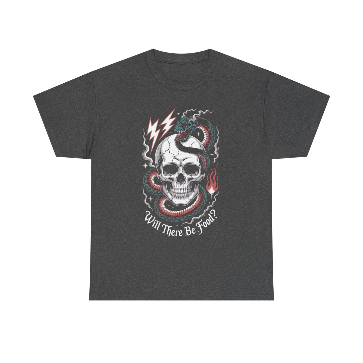 Skull Graphic Tee - "Will There Be Food?" - Unisex Casual Cotton Shirt for Halloween, Parties, Gifting, Everyday Wear, Funny Shirt