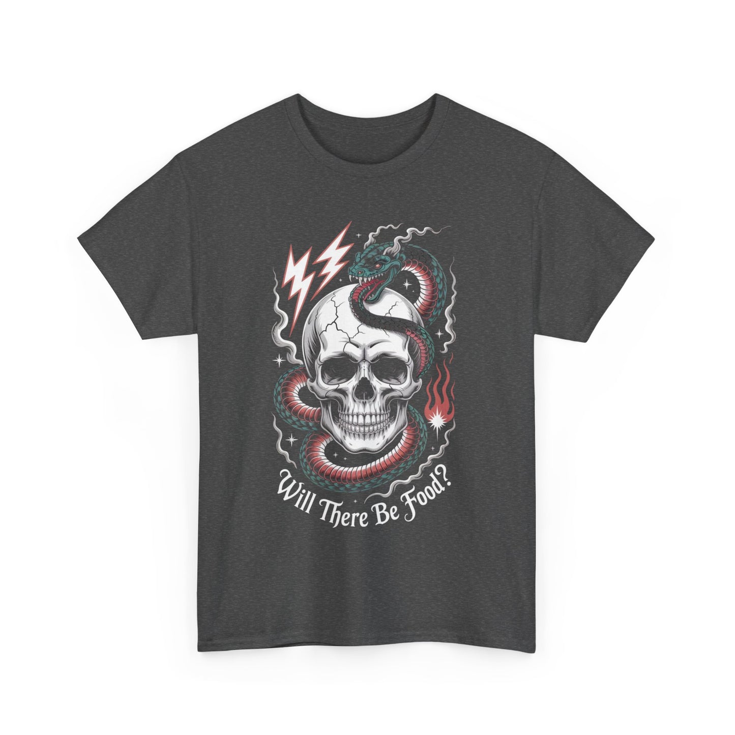 Skull Graphic Tee - "Will There Be Food?" - Unisex Casual Cotton Shirt for Halloween, Parties, Gifting, Everyday Wear, Funny Shirt