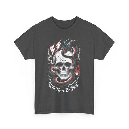 Skull Graphic Tee - "Will There Be Food?" - Unisex Casual Cotton Shirt for Halloween, Parties, Gifting, Everyday Wear, Funny Shirt