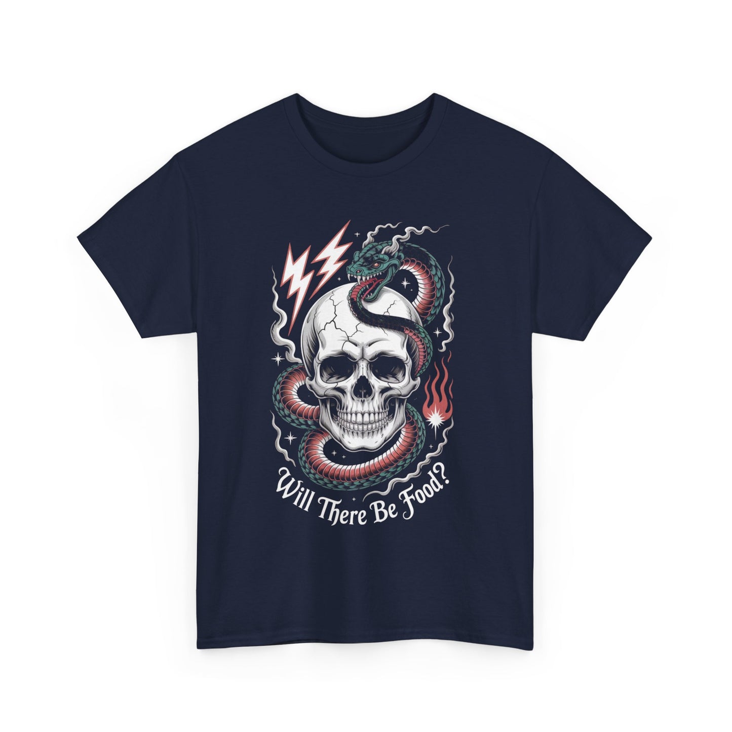 Skull Graphic Tee - "Will There Be Food?" - Unisex Casual Cotton Shirt for Halloween, Parties, Gifting, Everyday Wear, Funny Shirt