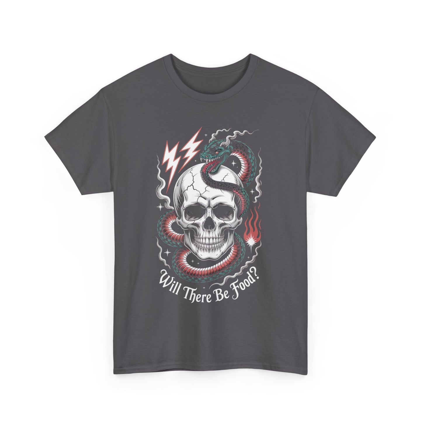 Skull Graphic Tee - "Will There Be Food?" - Unisex Casual Cotton Shirt for Halloween, Parties, Gifting, Everyday Wear, Funny Shirt