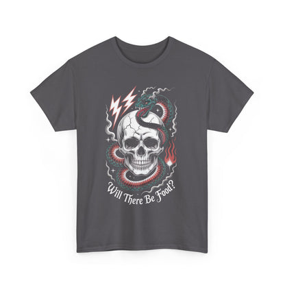 Skull Graphic Tee - "Will There Be Food?" - Unisex Casual Cotton Shirt for Halloween, Parties, Gifting, Everyday Wear, Funny Shirt