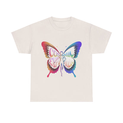 Cosmic Butterfly Tee, Unisex Heavy Cotton T-Shirt, Artistic Graphic Tee, Bohemian Style Shirt, Gift for Nature Lovers, Festival Wear