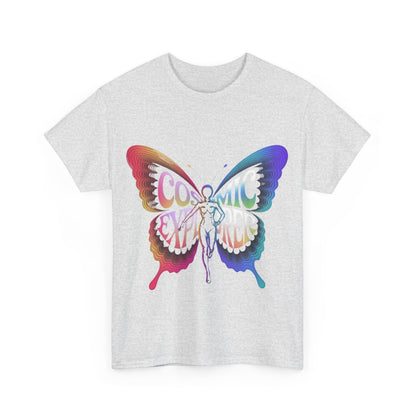 Cosmic Butterfly Tee, Unisex Heavy Cotton T-Shirt, Artistic Graphic Tee, Bohemian Style Shirt, Gift for Nature Lovers, Festival Wear