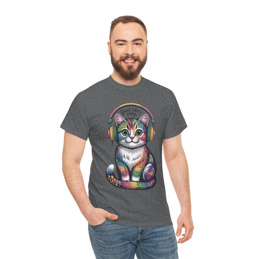 Colorful Cat Vibes Tee - Unisex Heavy Cotton T-Shirt with Positive Messages, Gift for Cat Lovers, Fun Casual Wear, Trendy Graphic Tee, [...]