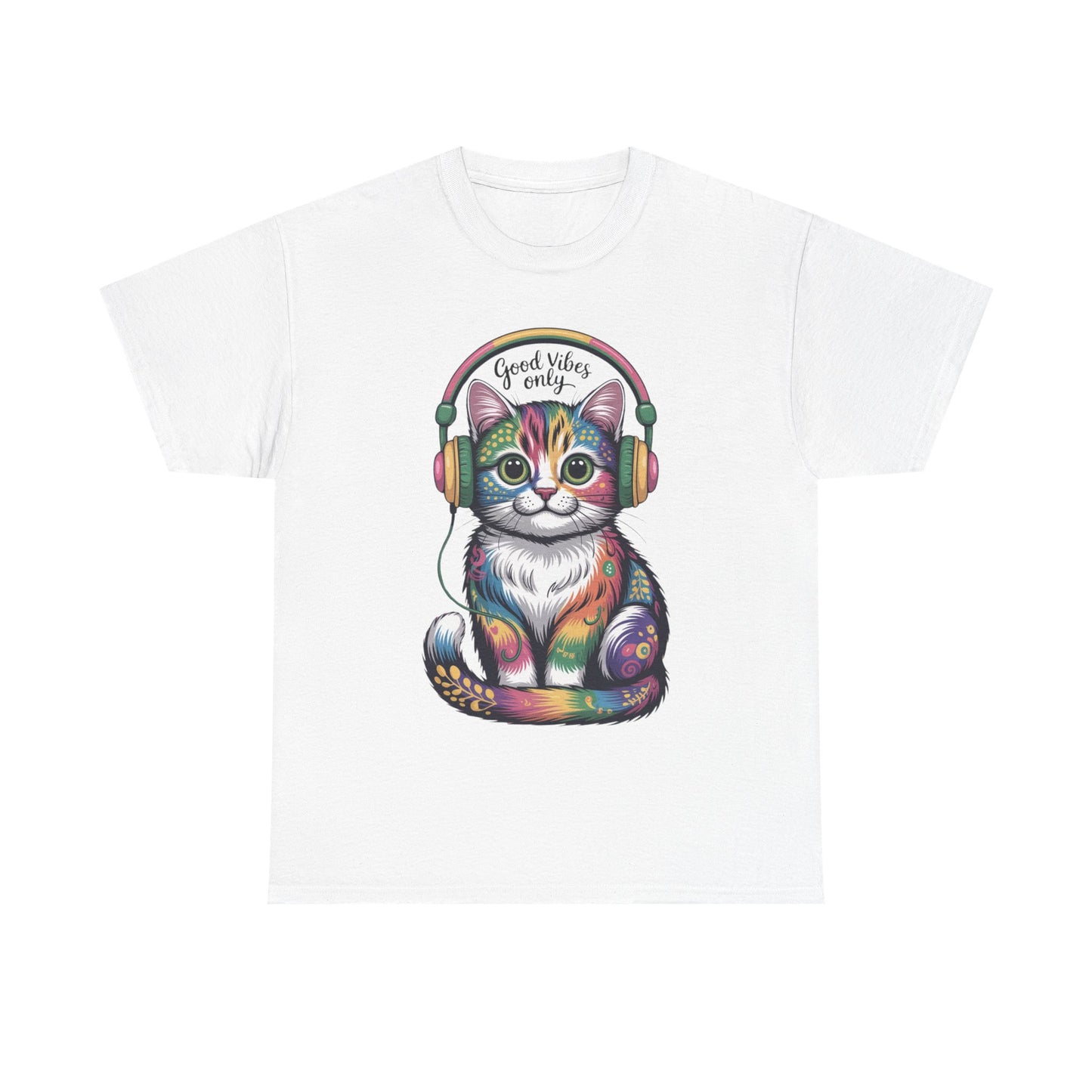 Colorful Cat Vibes Tee - Unisex Heavy Cotton T-Shirt with Positive Messages, Gift for Cat Lovers, Fun Casual Wear, Trendy Graphic Tee, [...]