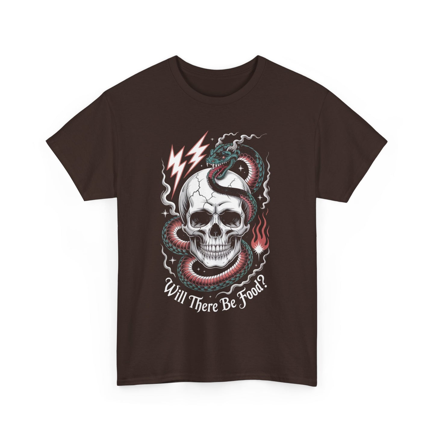 Skull Graphic Tee - "Will There Be Food?" - Unisex Casual Cotton Shirt for Halloween, Parties, Gifting, Everyday Wear, Funny Shirt