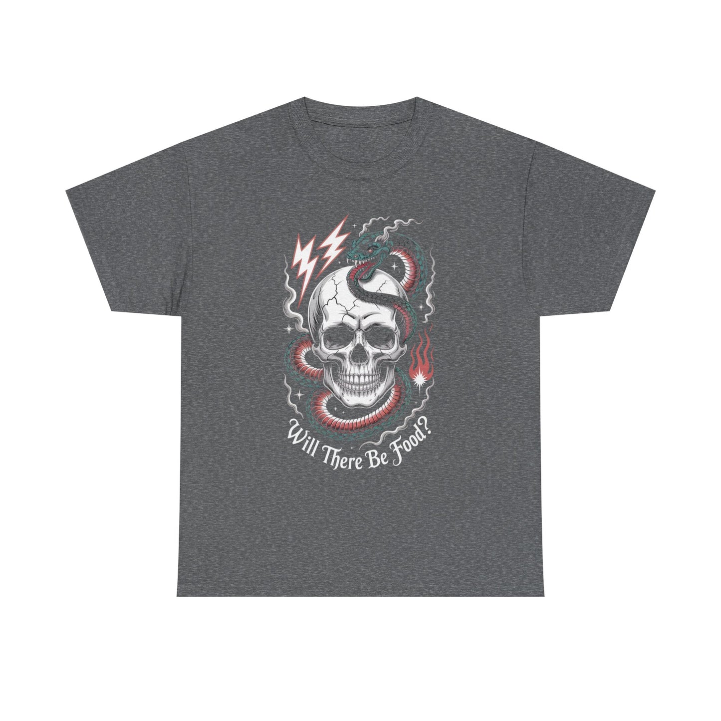 Skull Graphic Tee - "Will There Be Food?" - Unisex Casual Cotton Shirt for Halloween, Parties, Gifting, Everyday Wear, Funny Shirt