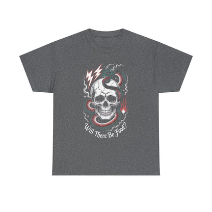 Skull Graphic Tee - "Will There Be Food?" - Unisex Casual Cotton Shirt for Halloween, Parties, Gifting, Everyday Wear, Funny Shirt
