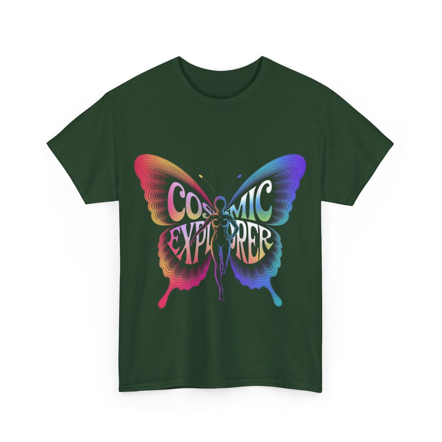 Cosmic Butterfly Tee, Unisex Heavy Cotton T-Shirt, Artistic Graphic Tee, Bohemian Style Shirt, Gift for Nature Lovers, Festival Wear