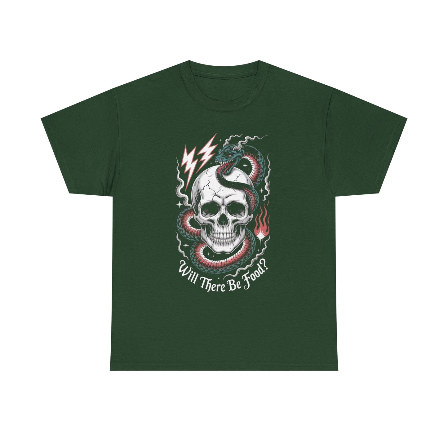 Skull Graphic Tee - "Will There Be Food?" - Unisex Casual Cotton Shirt for Halloween, Parties, Gifting, Everyday Wear, Funny Shirt