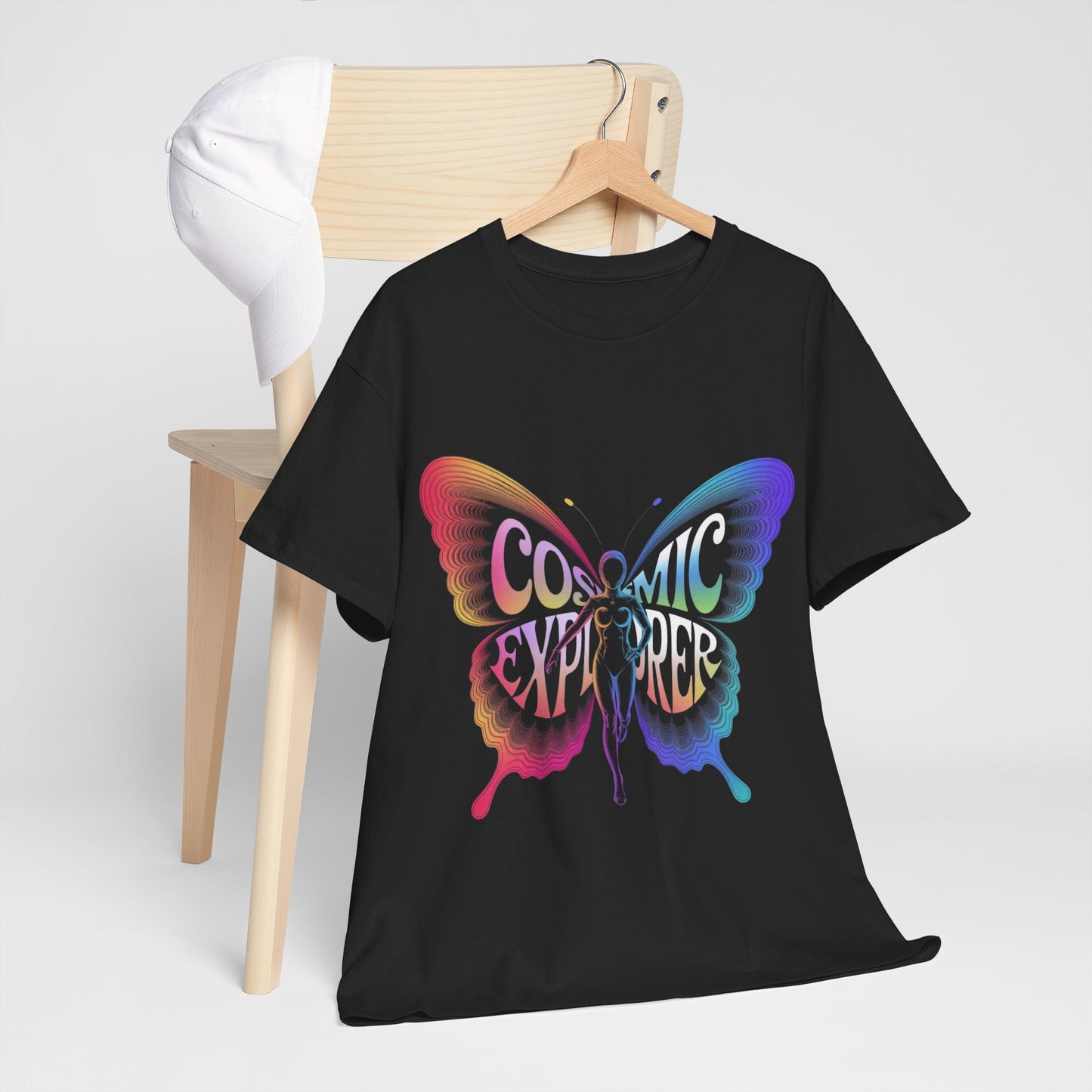 Cosmic Butterfly Tee, Unisex Heavy Cotton T-Shirt, Artistic Graphic Tee, Bohemian Style Shirt, Gift for Nature Lovers, Festival Wear