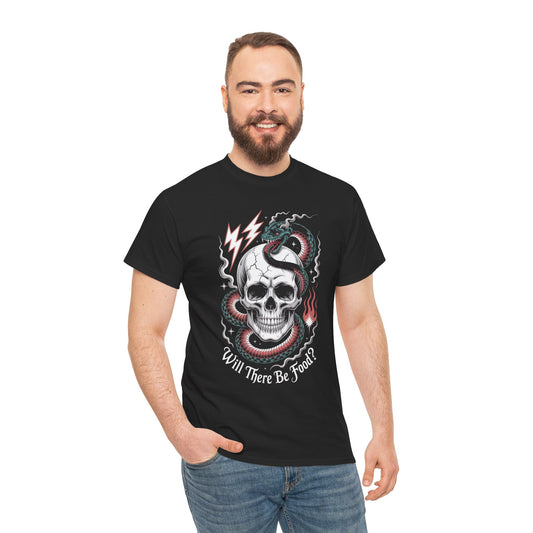 Skull Graphic Tee - "Will There Be Food?" - Unisex Casual Cotton Shirt for Halloween, Parties, Gifting, Everyday Wear, Funny Shirt
