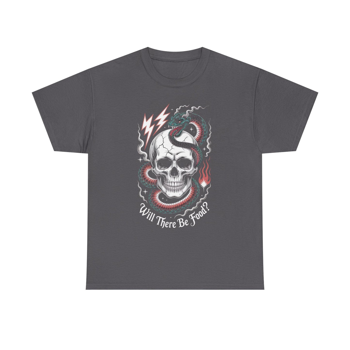 Skull Graphic Tee - "Will There Be Food?" - Unisex Casual Cotton Shirt for Halloween, Parties, Gifting, Everyday Wear, Funny Shirt
