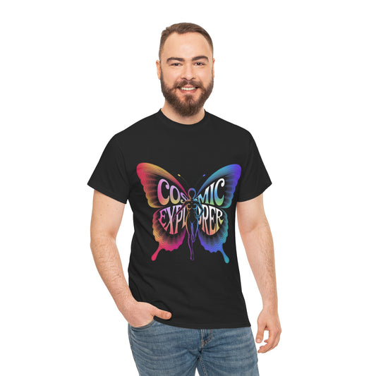Cosmic Butterfly Tee, Unisex Heavy Cotton T-Shirt, Artistic Graphic Tee, Bohemian Style Shirt, Gift for Nature Lovers, Festival Wear