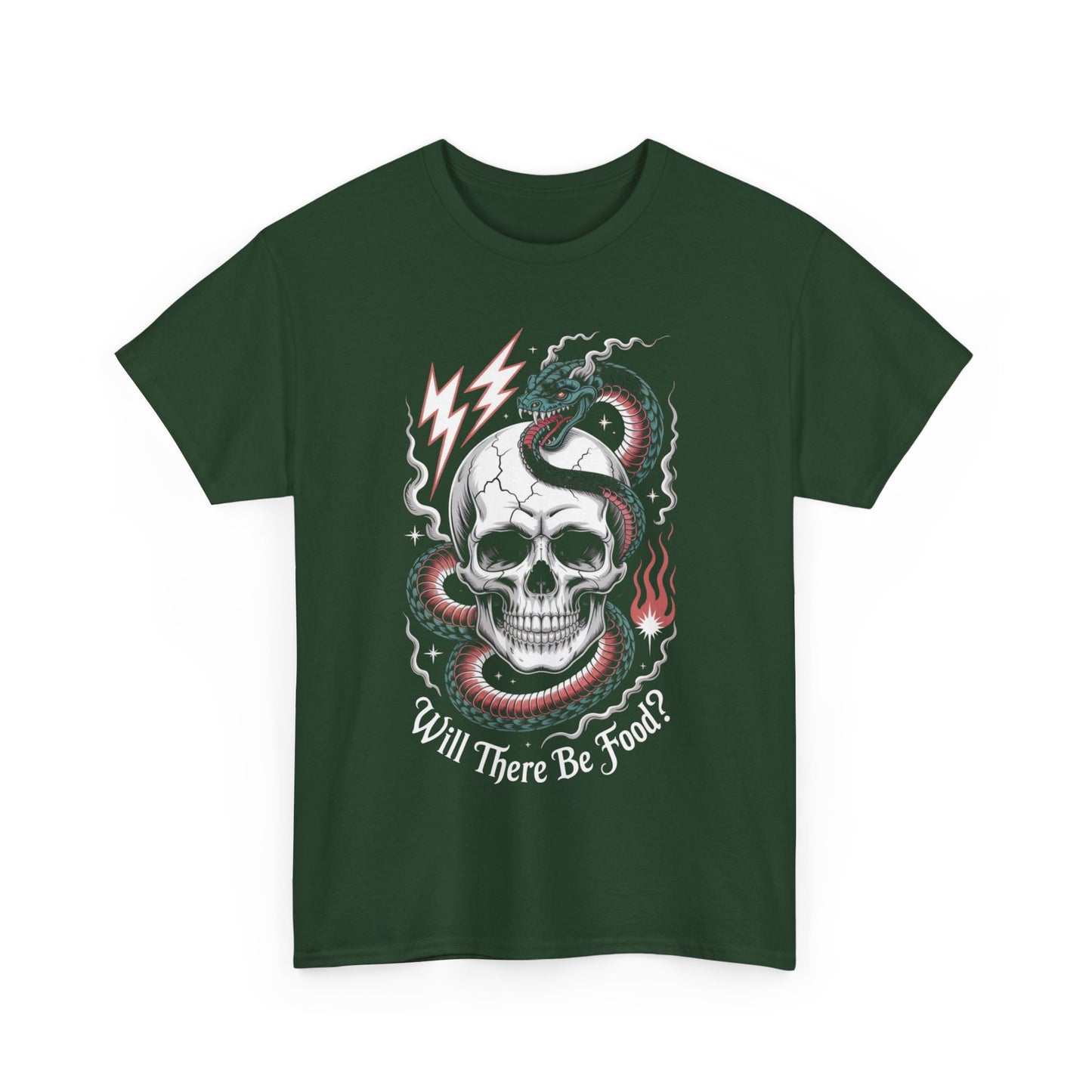 Skull Graphic Tee - "Will There Be Food?" - Unisex Casual Cotton Shirt for Halloween, Parties, Gifting, Everyday Wear, Funny Shirt