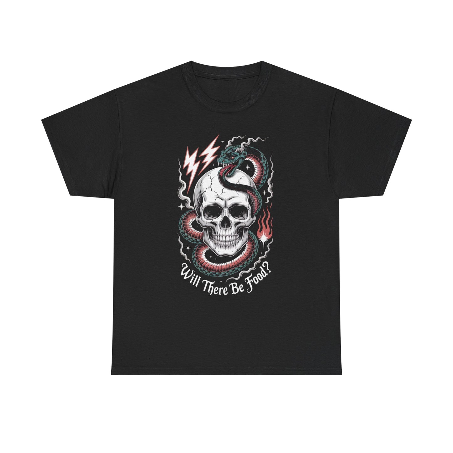 Skull Graphic Tee - "Will There Be Food?" - Unisex Casual Cotton Shirt for Halloween, Parties, Gifting, Everyday Wear, Funny Shirt