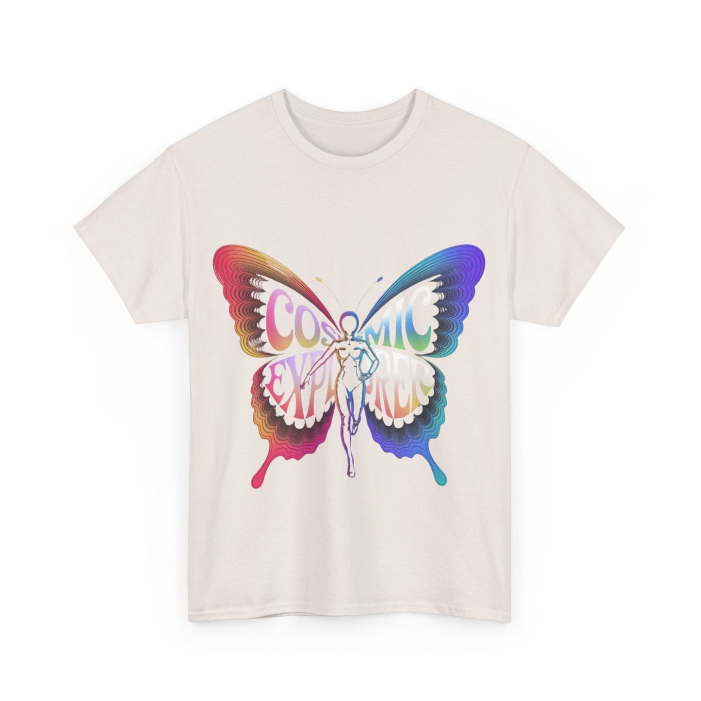 Cosmic Butterfly Tee, Unisex Heavy Cotton T-Shirt, Artistic Graphic Tee, Bohemian Style Shirt, Gift for Nature Lovers, Festival Wear