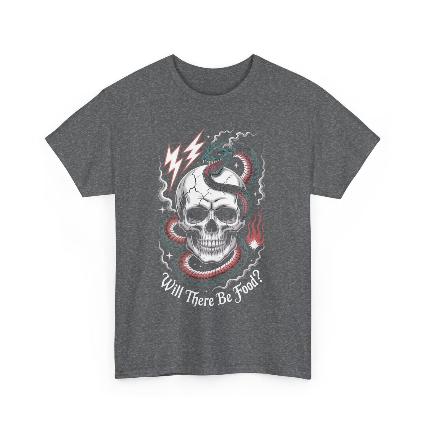 Skull Graphic Tee - "Will There Be Food?" - Unisex Casual Cotton Shirt for Halloween, Parties, Gifting, Everyday Wear, Funny Shirt
