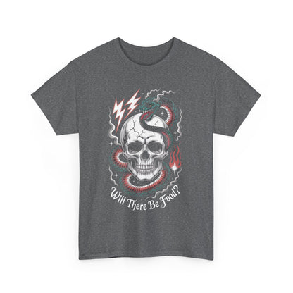 Skull Graphic Tee - "Will There Be Food?" - Unisex Casual Cotton Shirt for Halloween, Parties, Gifting, Everyday Wear, Funny Shirt