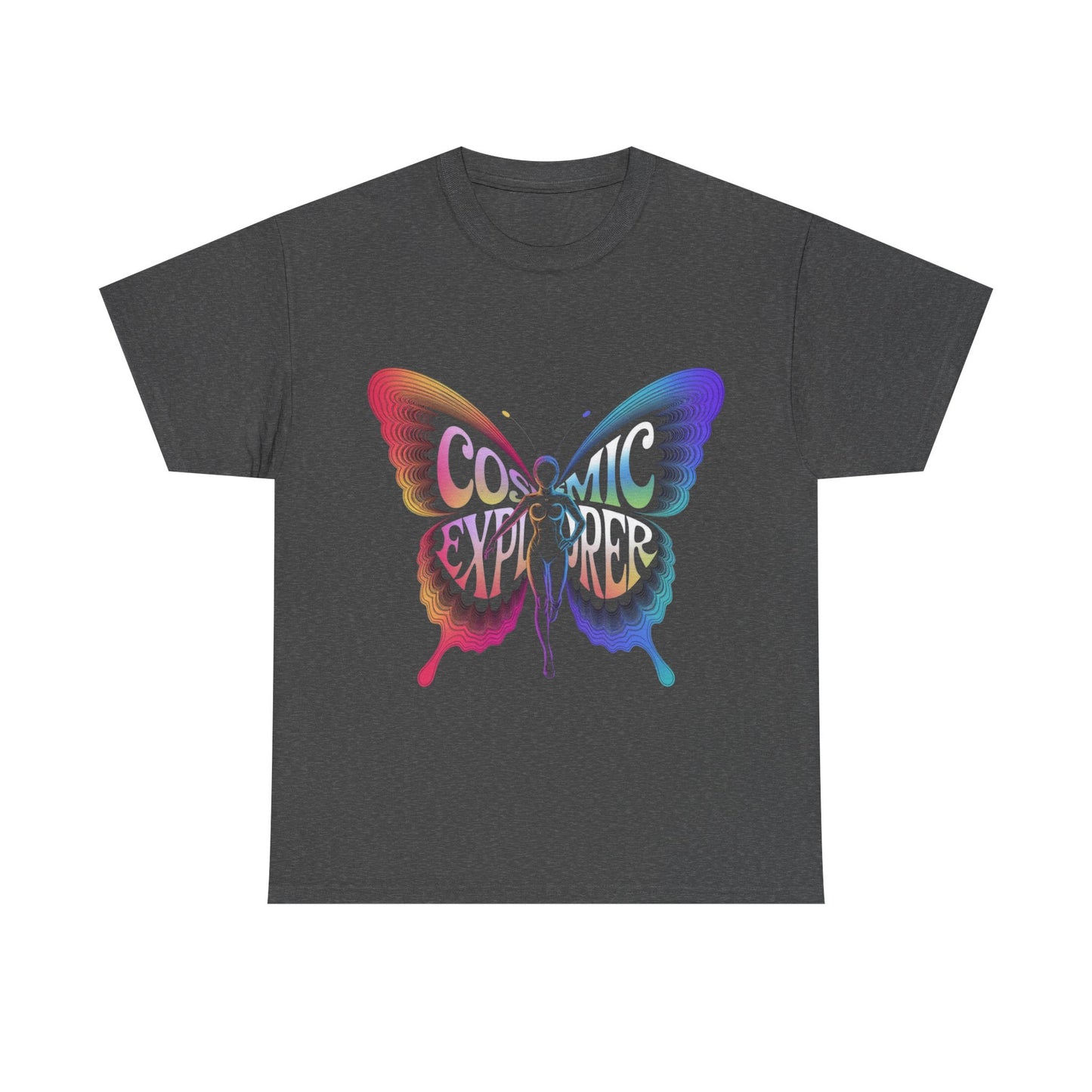 Cosmic Butterfly Tee, Unisex Heavy Cotton T-Shirt, Artistic Graphic Tee, Bohemian Style Shirt, Gift for Nature Lovers, Festival Wear