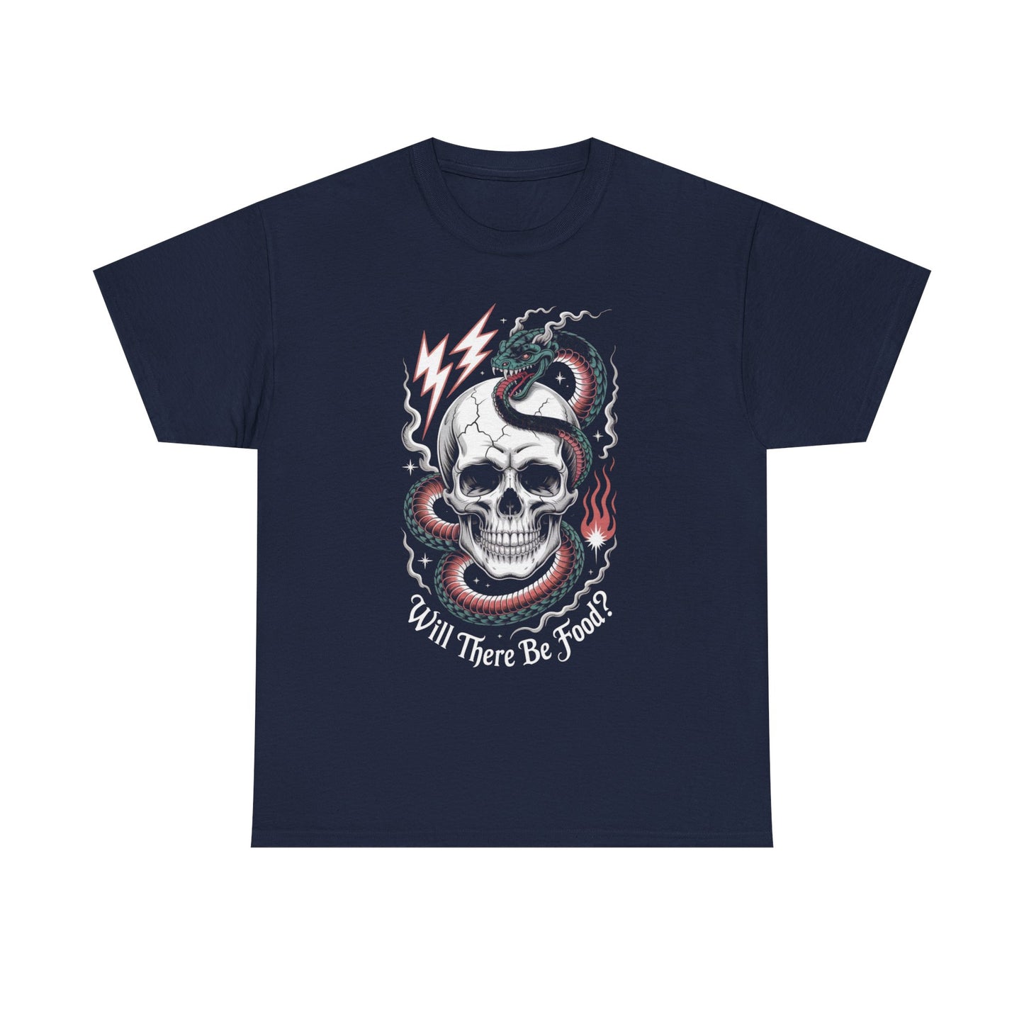 Skull Graphic Tee - "Will There Be Food?" - Unisex Casual Cotton Shirt for Halloween, Parties, Gifting, Everyday Wear, Funny Shirt