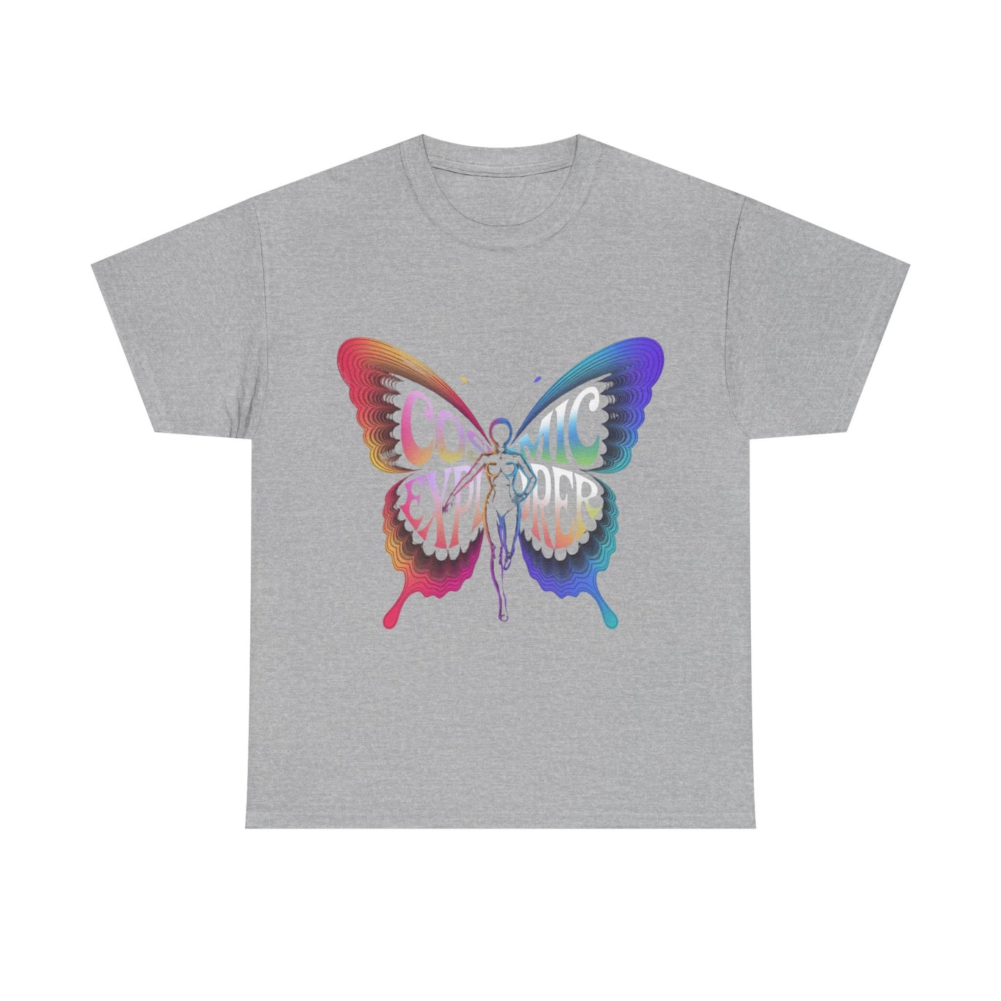 Cosmic Butterfly Tee, Unisex Heavy Cotton T-Shirt, Artistic Graphic Tee, Bohemian Style Shirt, Gift for Nature Lovers, Festival Wear